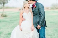 a pretty rustic bridal look with a glam wedding dress with a lace embellished bodice, a tulle skirt, neutral cowgirl boots