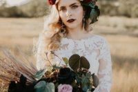 a statement fall floral crown with white, lilac, blush, burgundy and deep purple blooms and leaves is a gorgeous idea