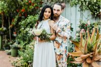 a super colorful floral suit with a white shirt and no tie, amber shoes for a colorful tropical wedding