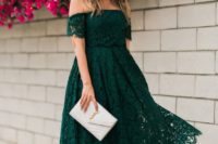 an emerald lace off the shoulder midi dress, a neutral clutch and nude bow shoes
