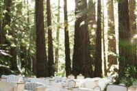 beautiful vintage furniture – chairs, loveseats and sofas done in neutrals tones look fantastic in the forest