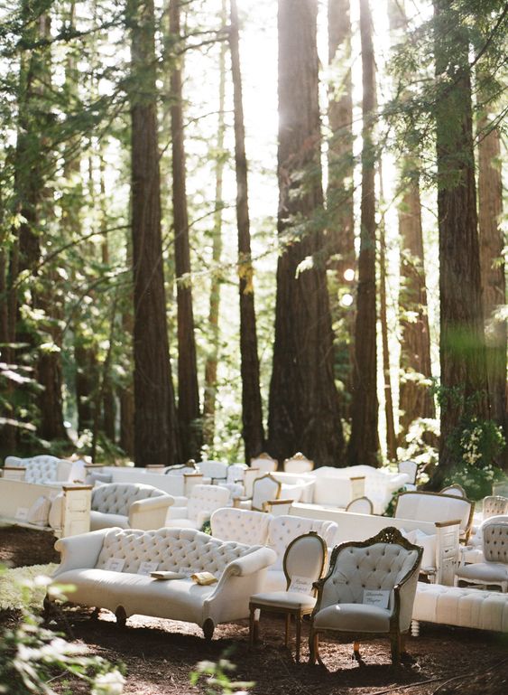 beautiful vintage furniture - chairs, loveseats and sofas done in neutrals tones look fantastic in the forest