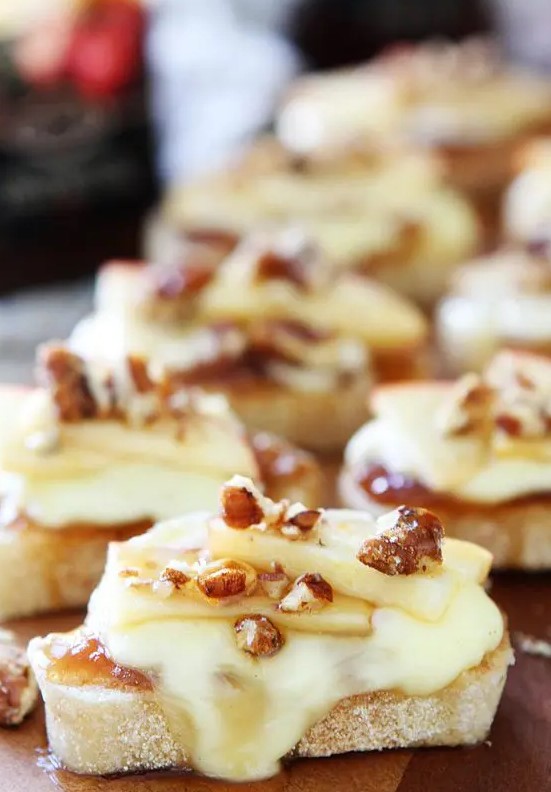 brie, apple and honey crostini can be a nice hot appetizer for both fall and winter