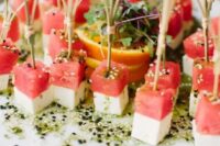 cheese and watermelon skewers with sesame seeds are a fresh and tasty idea to try for spring and summer