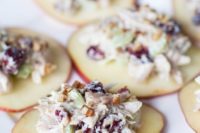 cranberry chicken salad on apple slices is a very unusual and fall-like idea to try