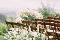 dark-stained white chairs, greenery and white blooms are great for rustic garden wedding ceremony, they look elegant together