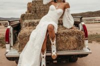 eye-catchy bown and white star print and cutout cowboy boots plus a boho wedding dress and a tan hat for pulling off a rustic bridal look