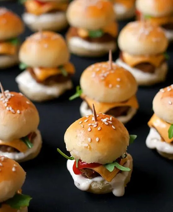 mini sliders on skewers with cheese, meat, veggies are ideal for everyone