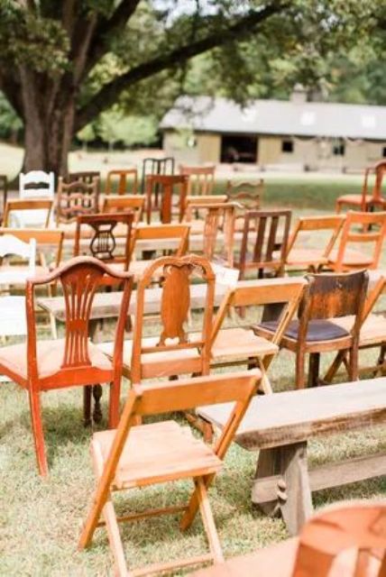 mismatching rustic vintage chairs like these ones will be a nice solution for a rustic vintage wedding