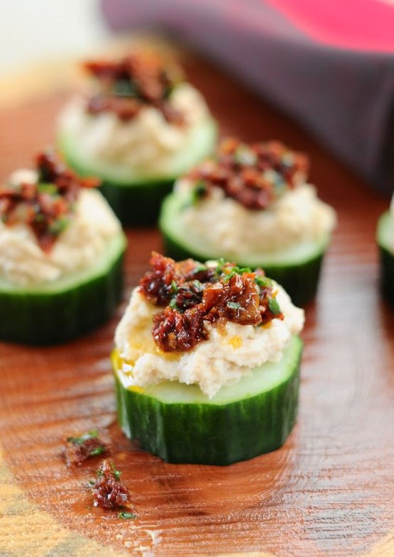 white bean and sun dried tomato cucumber appetizers are vegan and gluten-free