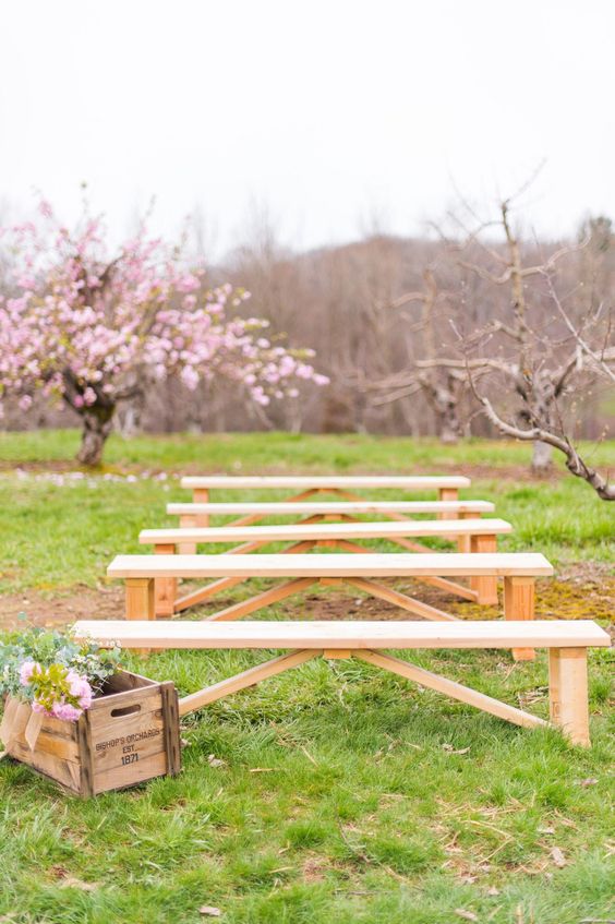 wooden benches are all you need for a beautiful wedding ceremony in a blooming orchard, here nothing distracts attention from the scenery
