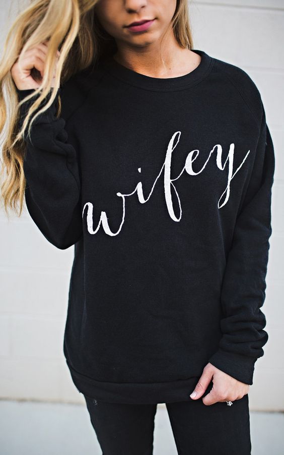 a Wifey sweatshirt in black can be worn during cold days - cool for those who are having a fall or winter wedding