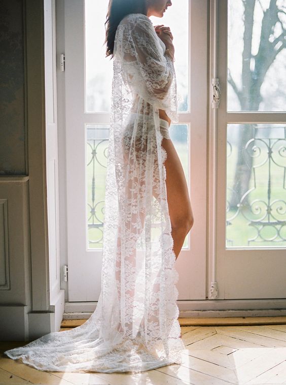 a long chantilly lace robe will be a gorgeous and sexy gift for her on her big day