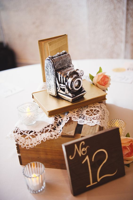 a lovely wedding centerpiece of a wooden crate with a doily, a book, a vintage camera and a table number plus candles around