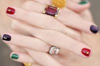 all-different jewel-toned nails with gold studs are super fun, bright and refined and will bring much color to your look