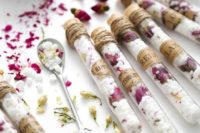 cool spa bridal shower favors – dried flower bath salts in test tubes are very cool and useful favors