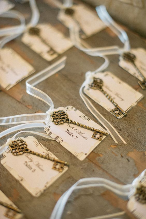 extremely beautiful vintage keys with note paper escort cards and ribbon are amazing for a vintage wedding