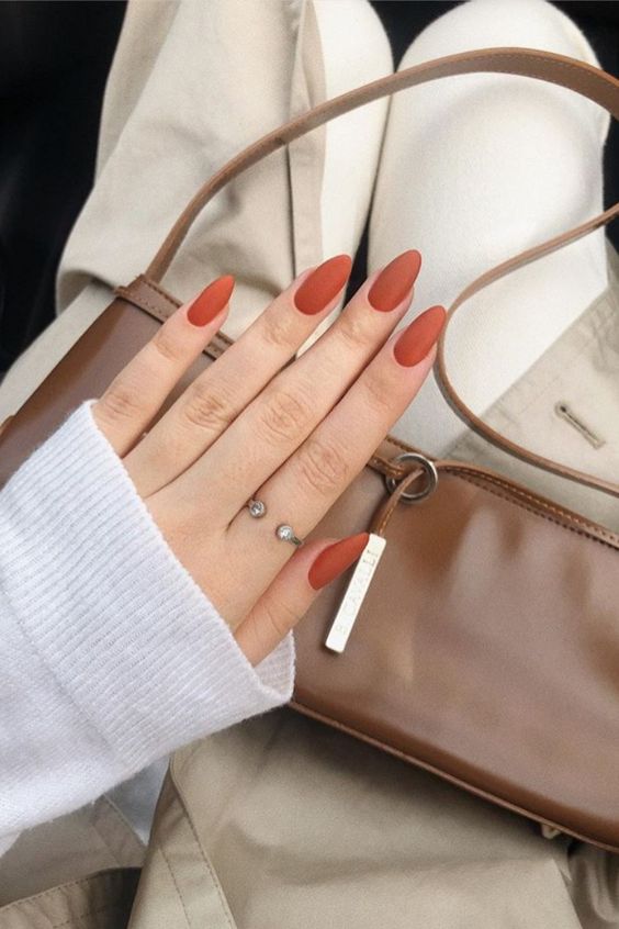 matte rust colored nails are a timeless fall idea to rock and they will bring a fall shade to your outfit