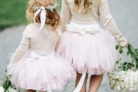neutral long sleeve sweaters, pink tut skirts, neutral flats and greenery crowns for casual and sweet looks