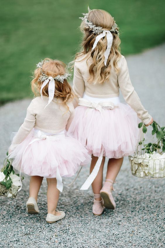 neutral long sleeve sweaters, pink tut skirts, neutral flats and greenery crowns for casual and sweet looks