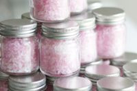 pink bath salts in jars are nice spa bridal shower favors that you cna easily DIY
