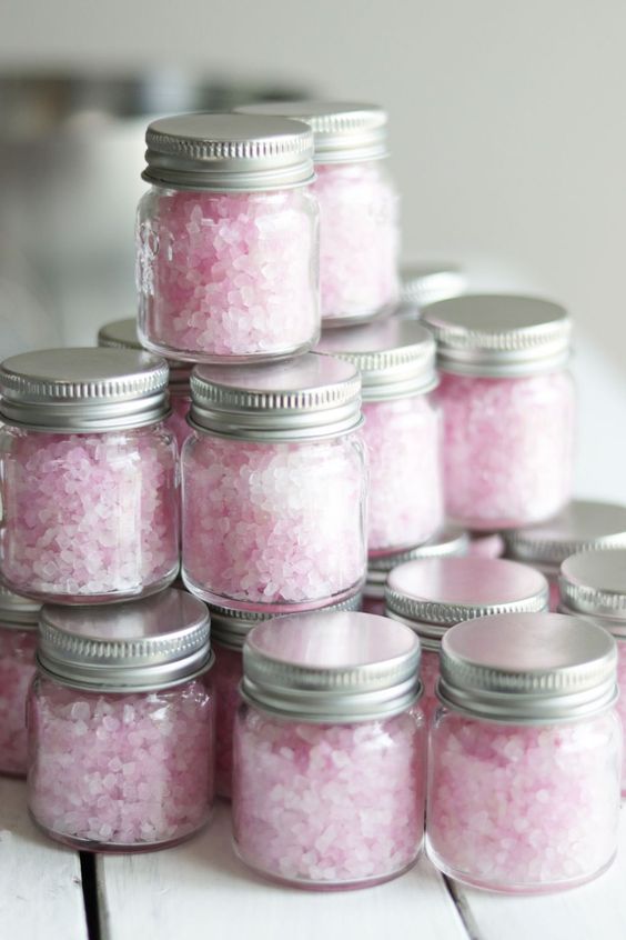 pink bath salts in jars are nice spa bridal shower favors that you cna easily DIY