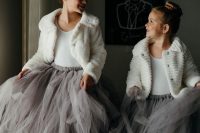 white tops, grey tutu maxi skirts, neutral flats and faux fur coats plus top knots for chic and refined looks
