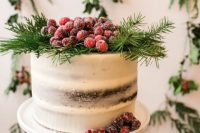 a gingerbread naked wedding cake with evergreens and sugared cranberries is a classy rustic wedding cake for Christmas celebrations