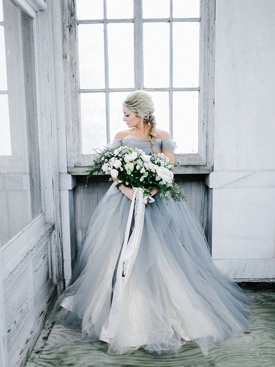 a grey off the shoulder princess style gown with white layers for an ice queen look