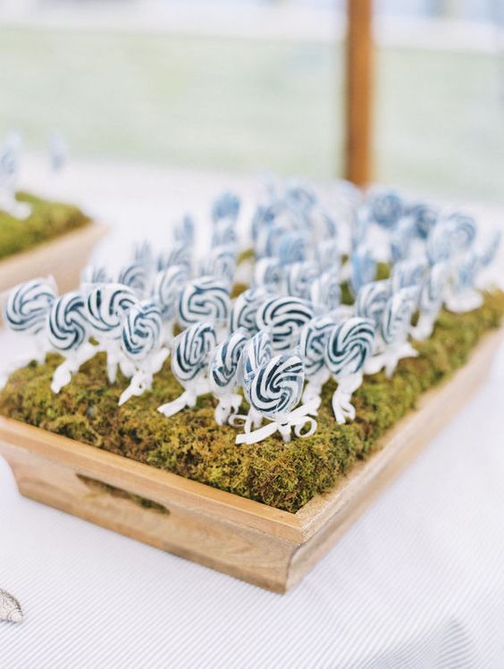 a tray filled with moss and black and white lollipops are amazing as wedding favors and wedding desserts to rock