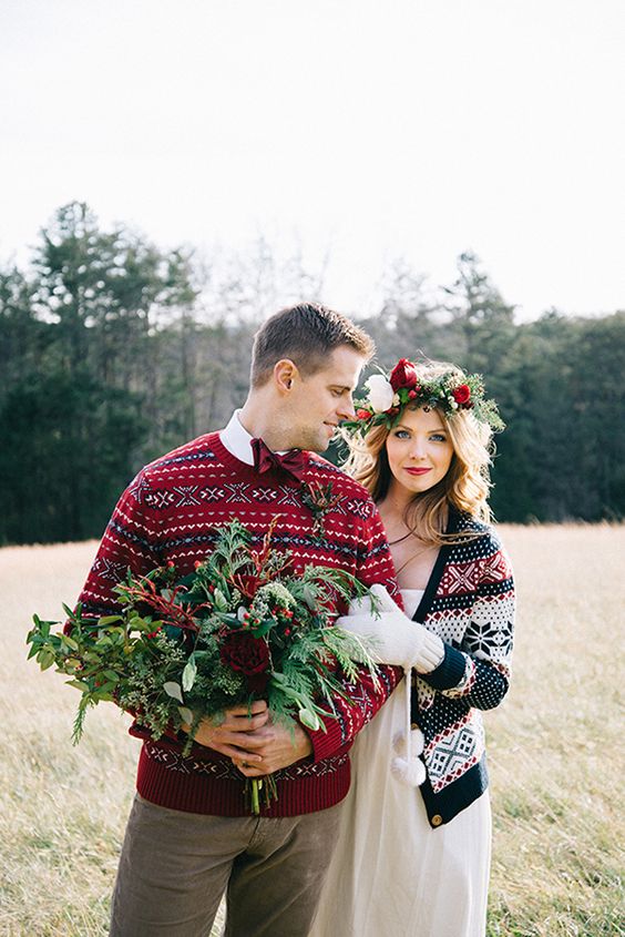 a winter boho couple rocking Scandinavian-inspired sweater and cardigan and even mittens