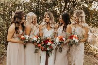 beautiful mismatching neutral maxi bridesmaid dresses with ruffles and draperies plus small trainers are a refined and chic idea