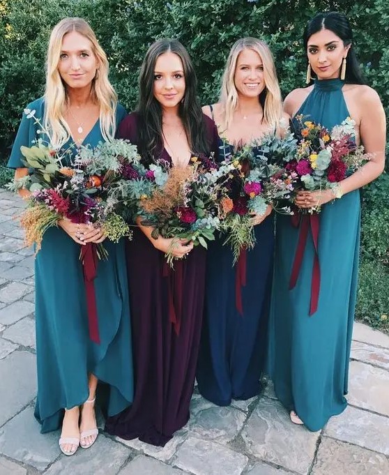 blue, navy and deep purple maxi and high low bridesmaid dresses are amazing for a blue and purple fall wedding and are chic