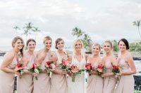 blush high low bridesmaid dresses with halter necklines and spaghetti straps are a comfy option