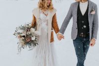 boho winter wedding outfits – a lace dress plus a shearling coat, jeans, a waistcoat and a blazer, a hat and boots