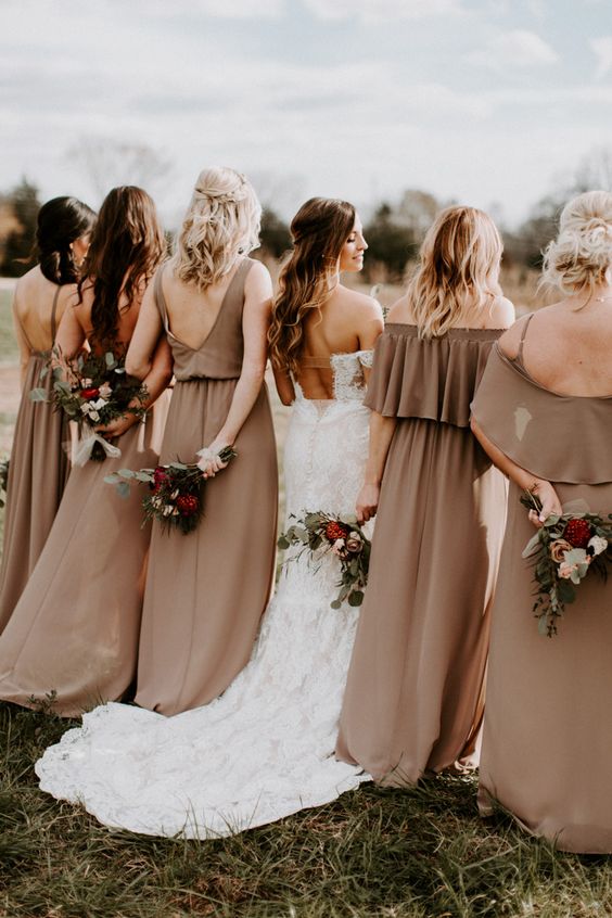 chic mismatching taupe maxi bridesmaid dresses will catch an eye and will match your neutral wedding color scheme
