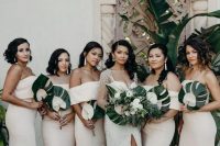 chic neutral off the shoulder and strapless mermaid bridesmaid dresses for a sexy statement