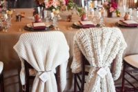 cover the chairs with knits to make them cozy and rustic and add warmth to your couple’s chairs