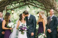 dark violet one shoulder maxi bridesmaid dresses are a great idea for a beautiful violet fall wedding