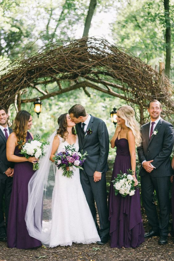 dark violet one shoulder maxi bridesmaid dresses are a great idea for a beautiful violet fall wedding