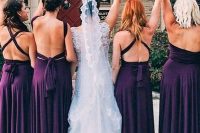 deep purple maxi bridesmaid dresses with pleated skirts and stripes are amazing and chic and look very nice