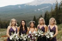 eggplant maxi bridesmaid dresses with V-necklines, ruffle skirts and spaghetti straps are amazing for a deep-shaded fall wedding