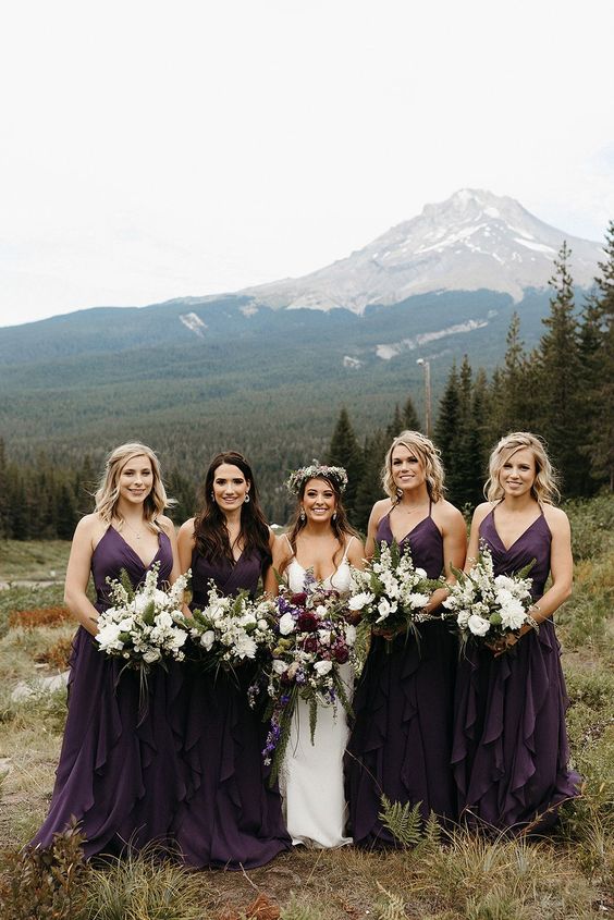 eggplant maxi bridesmaid dresses with V necklines, ruffle skirts and spaghetti straps are amazing for a deep shaded fall wedding