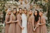 lovely tan maxi bridesmaid dresses with long sleeves and sashes are a very comfrotable in wearing idea for the fall