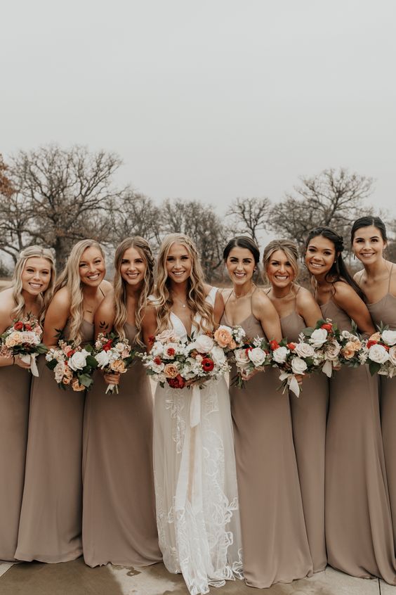 lovely taupe spaghetti strap maxi A-line bridesmaid dresses are an elegant solution done in a color that flatters everyone