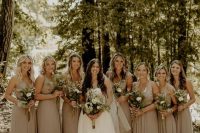 matching greige maxi bridesmaid dresses with pleated skirts are a gorgeous idea for a refined wedding in spring or summer