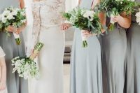 minimalist grey A-line maxi bridesmaid dresses with no sleeves and high necklines plus pleated skirts are super cool