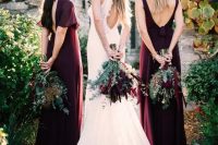 mismatching deep purple bridesmaid dresses with open backs are very lovely for a fall wedding and can be rocked at a winter one
