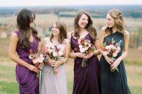mismatching draped purple, deep purple and green maxi bridesmaid dresses