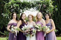 mismatching lilac, violet and mauve maxi bridesmaid dresses with various necklines are amazing for a wedding with this color palette